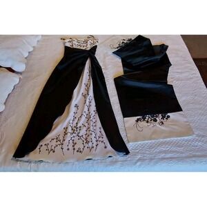 Vintage 90s Kiki USA Formal Dress & Shawl Black White Beaded Tulip Column Sz 4*